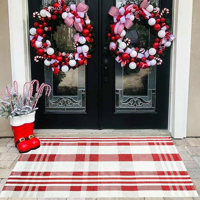 Christmas Plaid Outdoor Rug, 3' x 5' Red&White Check Indoor/Outdoor Area Rug, Layering Rug for Hello/Welcome Door Mat, Machine Washable Cotton Woven Rug for Farmhouse Front Porch, Entryway