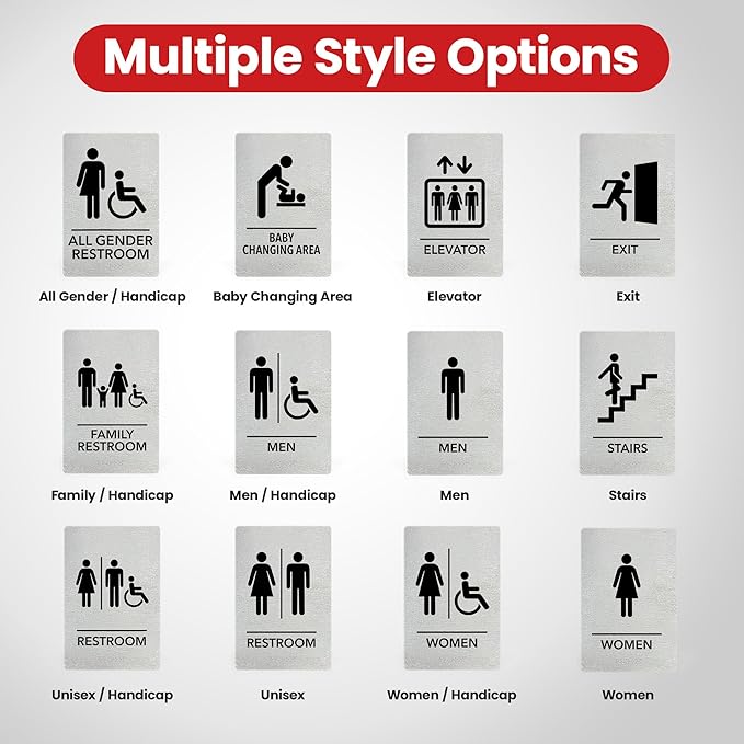 Promot Unisex Handicap Bathroom Sign – ADA Braille Restroom Sign for Business, Self-Adhesive, 9" x 6", Commercial Door Signage, Office Wall Decor - Brushed Steel