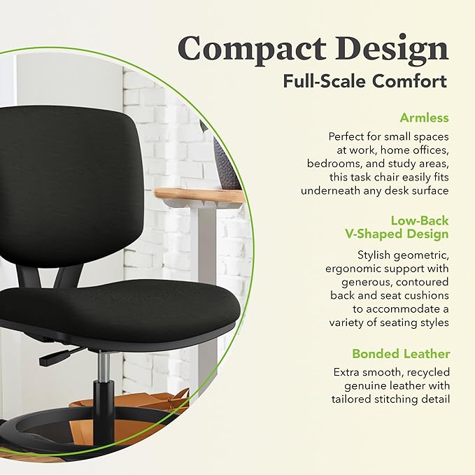 HON Volt Standing Desk Chair, Leather Office Chair with Foot Rest, Armless, Ergonomic Recline and Center Tilt, for Computers, Offices, Work, Black
