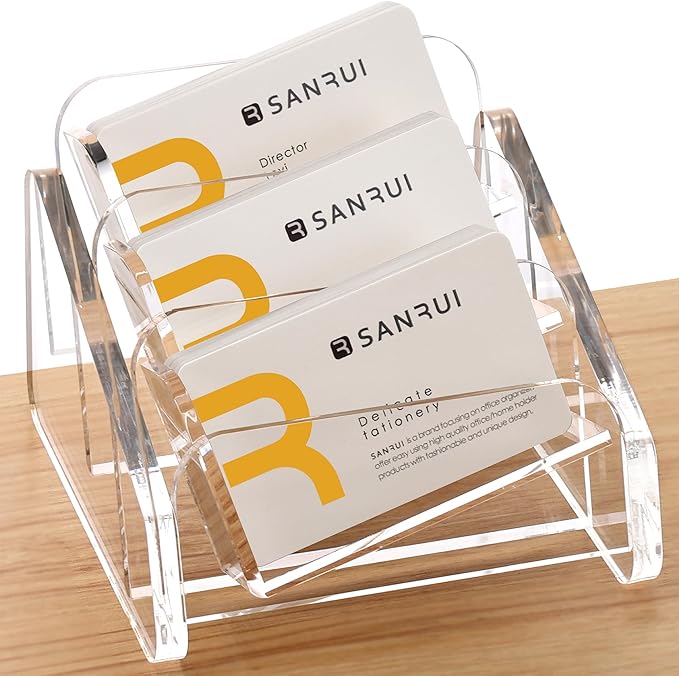SANRUI Acrylic Business Card Holder for Desk, 3 Tier Clear Tilt Business Name Card Display Holders Stand Storage Organizer Fits 180 Business Cards (Horizontal, 3-Slot)