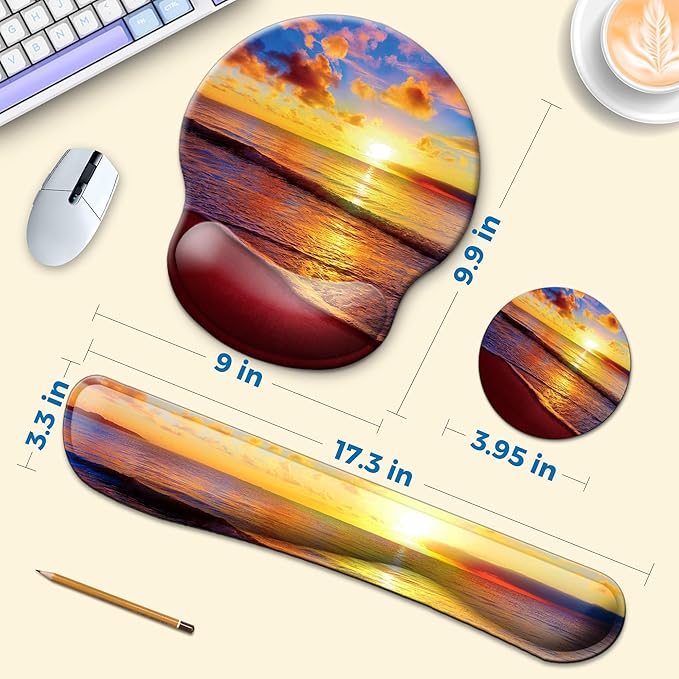 Mouse Pad and Keyboard Wrist Rest Support, with Non-Slip PU Base,Gel Mouse Pad with Coaster,Pain Relief for Gaming, Computer,Office -Sunset Beach