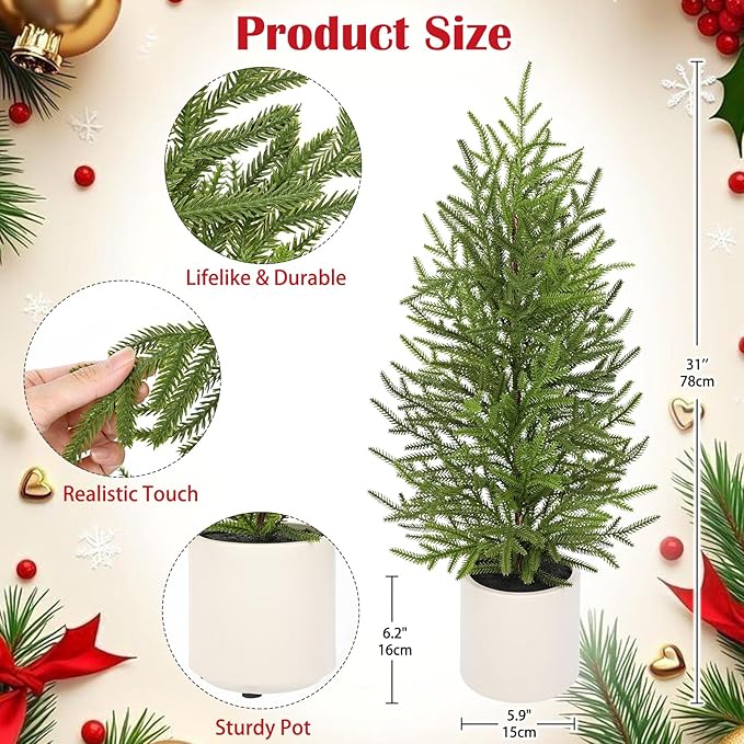 2.6ft Small Artificial Norfolk Pine Christmas Tree, Real Touch 31 inch Artificial Topiary Tree Small Christmas Tree in Pot, Christmas Decoration Home Tabletop Entryway Living Room