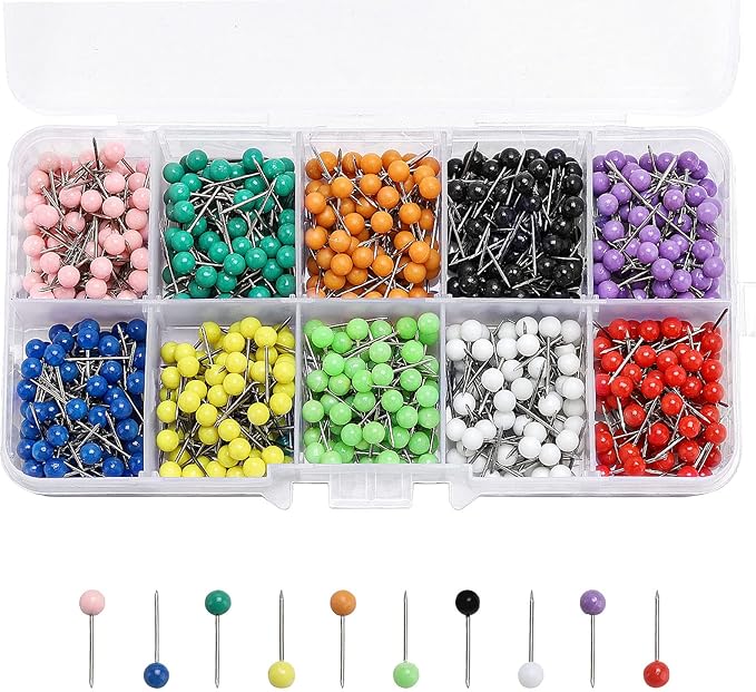Push Pins Map Tacks 1000-Pack Assorted Color Round Head Push Pins with Stainless Point for Travel Map