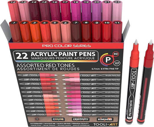 Acrylic Paint Pens 22 Red & Pink Tones Assorted Pro Color Series Markers Set 0.7mm Extra Fine Tip for Rock Painting, Glass, Mugs, Wood, Metal, Canvas, Projects, Non Toxic, Waterbased, Quick Drying