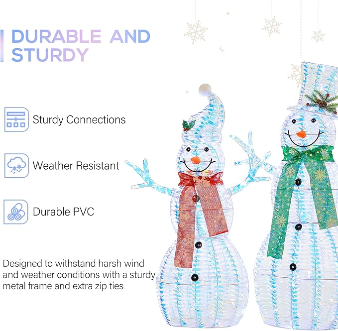 Hykolity 3.5 FT 3D Lighted Outdoor Iridescent Christmas Snowman Family, 3-Piece Lighted Snowman Set with 180 LED Lights, Ground Stakes, Zip Ties for Holiday Decoration