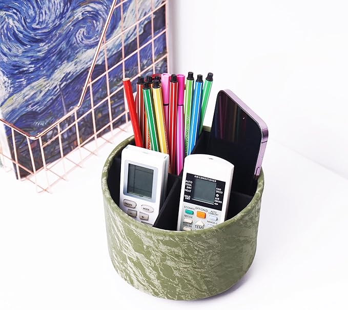Hennaja Round Leather Art Supply Organizer,Remote Control Holder,360 Degree Spinning,Multi-Functional Pencil Holder,4 Compartments Desktop Stationary Organizer(1-Hill Green)
