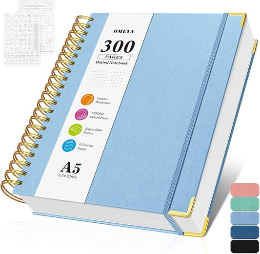Bullet Dotted Journal Spiral Notebook, 300 Pages Leather Notebooks with Contens, 120 GSM Thick No Bleed Through Paper Journals, A5 Dot Grid Notebook for Women Men Work Writing, 5.5" x 8", Light Blue