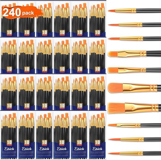 ESRICH Acrylic Paint Brushes Set, 24 Packs / 240 Pcs Watercolor Brushes,Nylon Brush Head, for Oil Painting, Gouache, Face,Ceramics etc, Kid's and Adults Painting Arts and Crafts Sets.(Black)