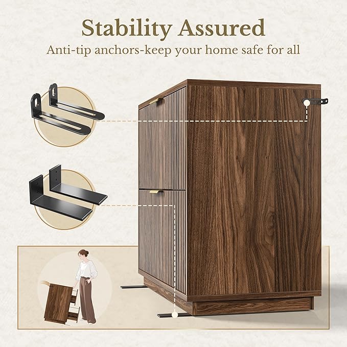 2 Drawer Fluted File Cabinet, 32'' Lateral File Cabinet for Legal/Letter/A4/F4 Size Hanging Files, Wood File Storage for Home Office, Black Walnut