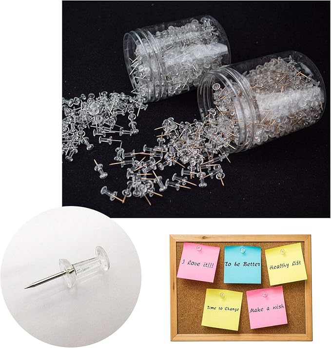 Clear Push Pins 600pcs Standard Thumb Tacks Steel Point Transparent Plastic Head Pins for Hanging Photo Posters Craft Marking Map Wall Cork Board