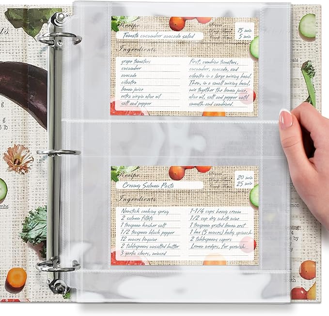 Full Size 4x6 for 8.5x11 Pack of 50 Recipe Card Protectors Top-Loading Crystal Clear Recipe Card Sleeves with 2 Pockets for 3 Ring Binder, Plastic Index Card Protector for Kitchen Cookbook