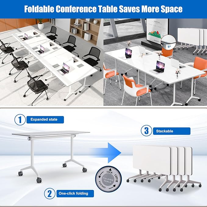 Conference Table, Folding Conference Desk Modern White, Seminar Table with Wheels, 2-10 People for Office, Meeting Break Room (2, 1915, 71IN)