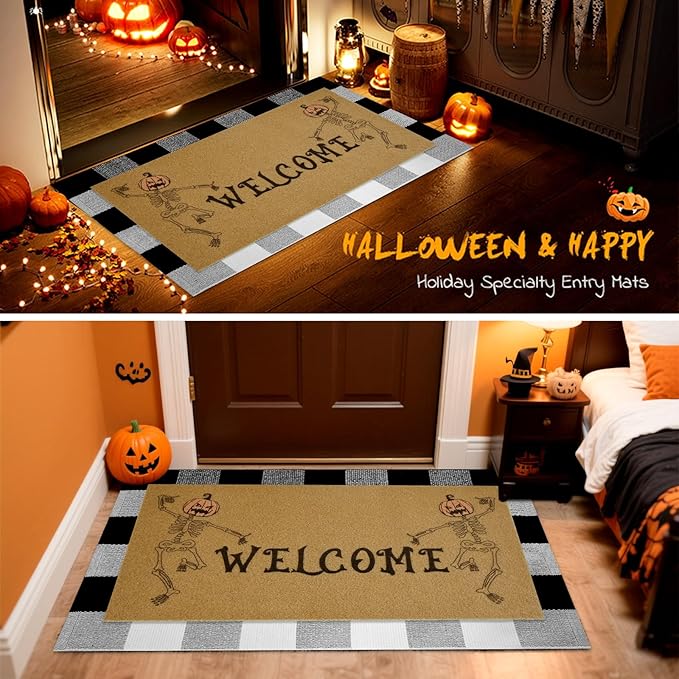 2 Pcs Halloween Welcome Door Mat 30 x 17 Inch Funny Skeleton Welcome Coir Doormats for Front Door Skull Pumpkin Door Mat Non Slip 2-in-1 Buffalo Plaid Rug for Outside Entrance Porch Home Patio Decor