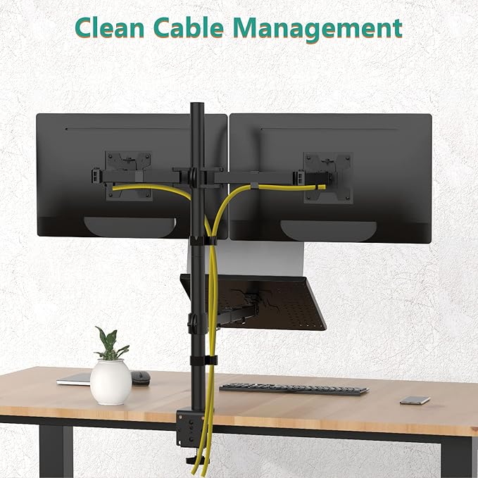 WALI Dual Monitor Stand, Laptop and Monitor Stand for 2 Screen 1 Laptop Notebook, Extra Tall Desk Mount for Monitor up to 27 inch, Notebook up to 17 inch (M002XLLP), Black