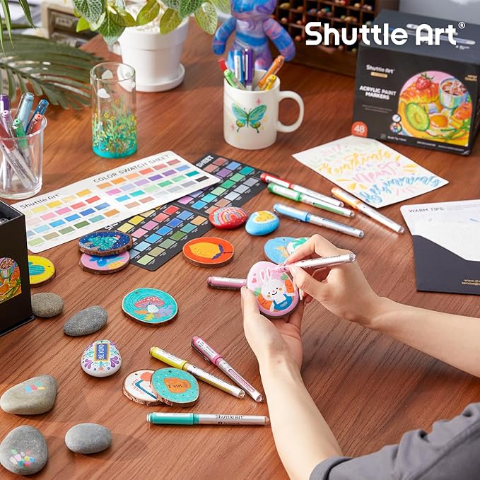 Shuttle Art Automatic Ink Control Acrylic Paint Markers, 48 Colors Brush Tip Acrylic Paint Pens for Rock Painting, Ceramic, Wood, Canvas, Glass, Stone, Fabric, Card Making, DIY & Art Supplies