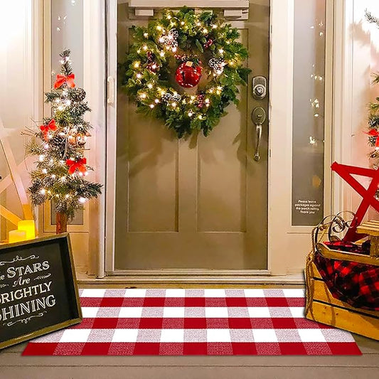 Christmas Red and White Plaid Rug - 24 x 51 Inches Outdoor Front Door Decor Mat Cotton Washable Hand-Woven Rug Christmas New Year Holiday Porch Entryway Layered Doormat