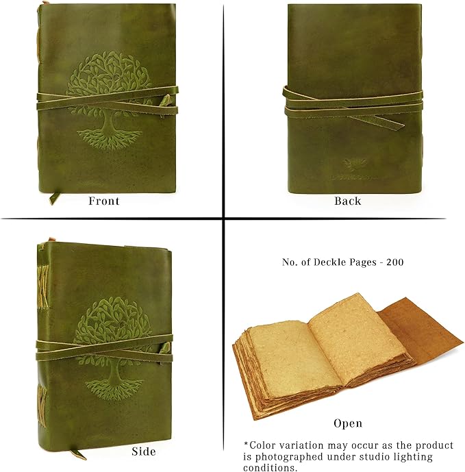 LUXEORIA Tree Of Life Leather Journal for Women and Men, Handcrafted Leather Journal for Writing Womens, Sketchbook, Travel Diary with Unlined Deckle Paper, Mint Green 7x10