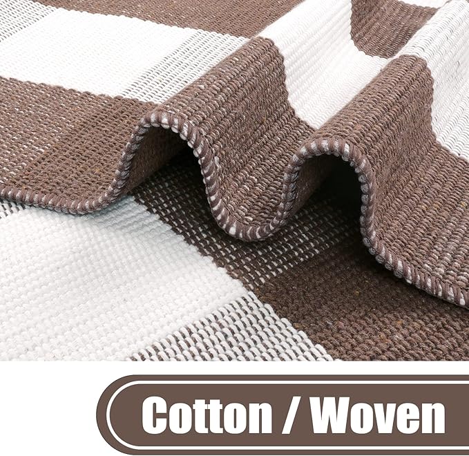 KIMODE Fall Decor Buffalo Plaid Outdoor Rug 3'x5' Brown and White Checkered Rug Farmhouse Cotton Fall Front Outdoor Autumn Door Mat Washable Indoor Outdoor Area Rug Carpet for Front Porch