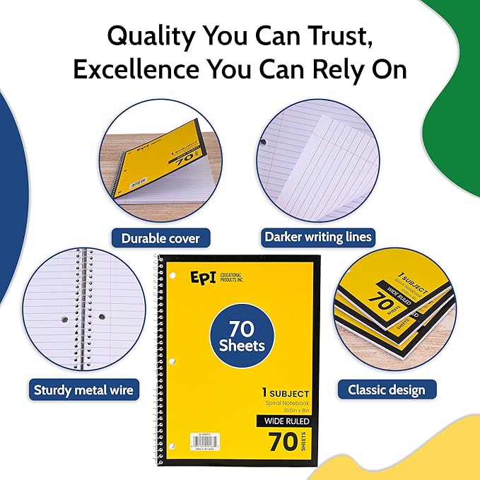 EPI Spiral Notebook | Wide - 70 Sheets, Durable Spiral Binding | 10.5 x 8 in | Classroom Supplies | School, Office, Note Taking, Journaling - 6 Pack