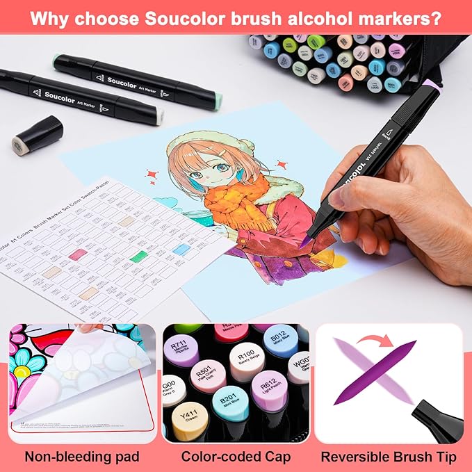 Soucolor Alcohol Markers Set, 100 Colors Dual Tip Brush Art Alcohol Markers, School Office Teacher Supplies for Kids and Adults Coloring Drawing Sketching Book Painting Card Making Illustration