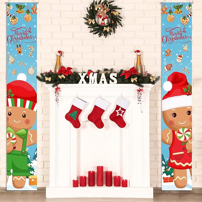 2 Pcs Christmas Porch Sign Gingerbread Door Sign Banner Christmas Hanging Door Banner for Outside Indoor Outdoor Home Front Porch Holiday Xmas Decorations Gingerbread Party Supplies