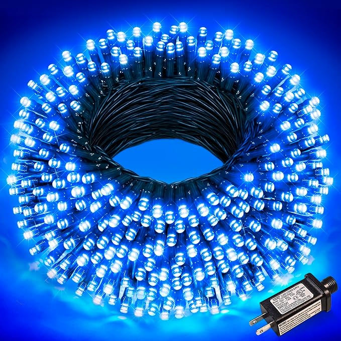 100FT 300 LED Christmas Lights Outdoor, Blue Christmas Tree Lights with 8 Modes Waterproof, Plug in Green Wire String Twinkle Light for Indoor Xmas House Patio Yard Holiday Decorations