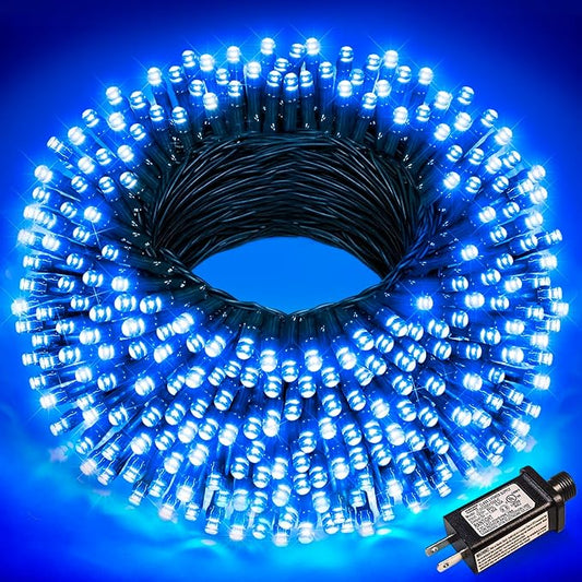 100FT 300 LED Christmas Lights Outdoor, Blue Christmas Tree Lights with 8 Modes Waterproof, Plug in Green Wire String Twinkle Light for Indoor Xmas House Patio Yard Holiday Decorations