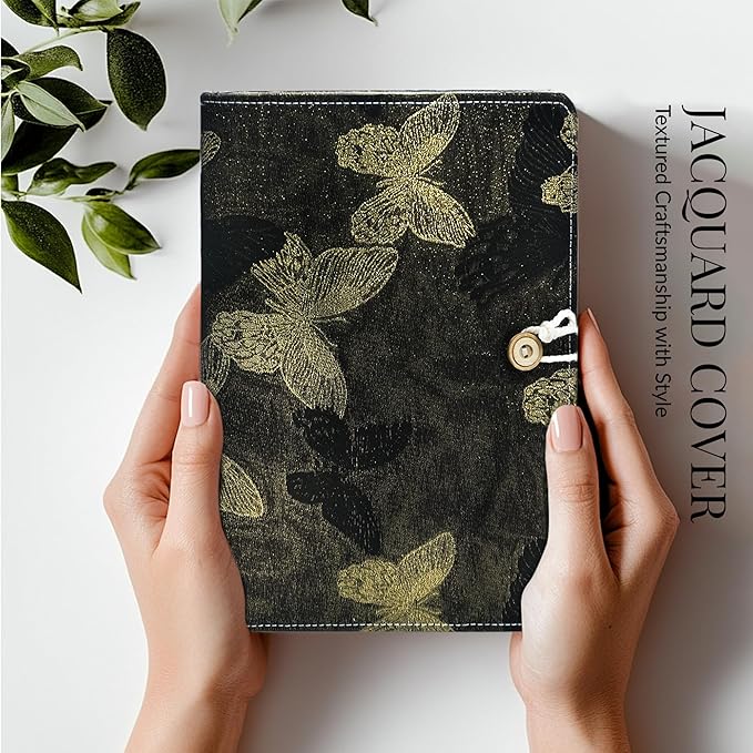 Refillable A5 Loose Leaf Hardcover Notebook, Luxury Gleaming Embroidered Butterfly Black & Gold 6-Ring Planner with Grid Pages, Deluxe Hardcover Gift Set Journal for Study, Work.
