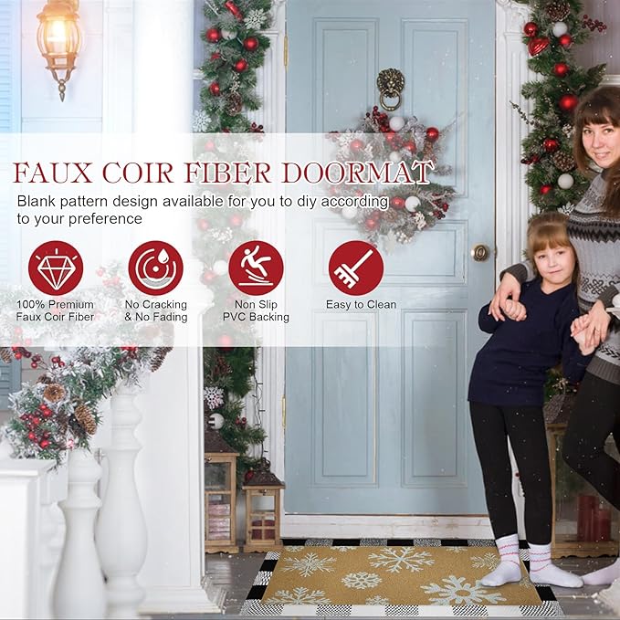 2 Pcs Christmas Welcome Doormats 30 x 17 Inch Winter Snowflakes Coir Door Mats for Front Doors Nonslip 2-in-1 Seasonal Buffalo Plaid Rug for Christmas Holiday Outside Entrance Porch Home Decor