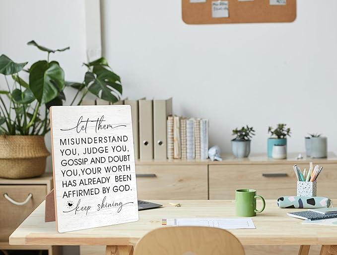Desk Signs for Office, Mental Health Decorations, Inspirational Desk Decor, Home Decor Living Room, Coworker Gifts, Encouragement Gift for Women Men Friend, Christian Gift, Wooden Sign with Stand,2
