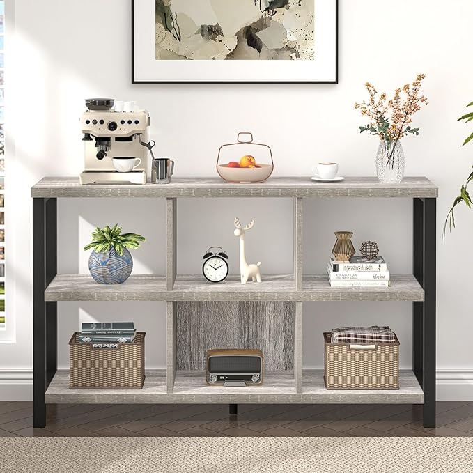 FOLUBAN 6 Cube Storage Organizer with Shelf, Industrial Horizontal Low Cubby Bookcase, Wood and Metal Bookshelf for Living Room Bedroom (Light Grey, 47 Inch)