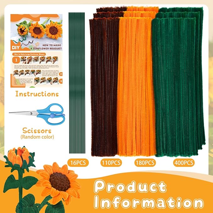 UzecPk 690PCS Pipe Cleaners for Crafts, Pipe Cleaner Sunflower Kit, Pipe Cleaner Flowers Kit with Instructions, Sunflower Pipe Cleaners for Flowers DIY Art and Craft Decorations
