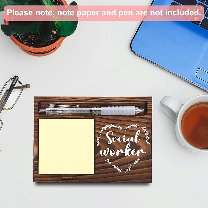 Social Worker Gifts, Appreciation Gifts, Thank You Gifts, Sticky Note Holder, Post-it Note Dispenser for Desk, Wooden Post-it Note & Pen Holder 6.5" x 4.7" - FTA107