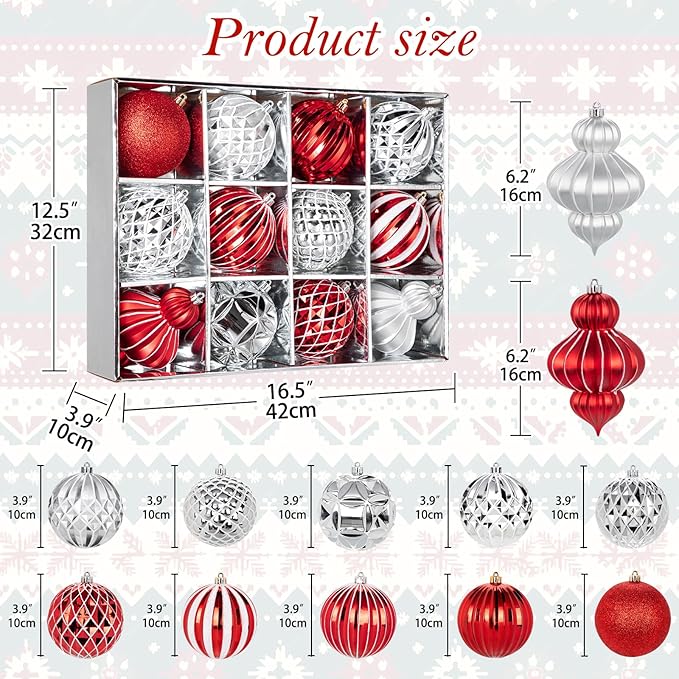 4" Christmas Ball Ornaments Set 12PCS Large Shatterproof Plastic Ornaments Christmas Tree Ball Hanging Ornaments for Xmas Tree Wedding Party Holiday Decorations - Silver, Red