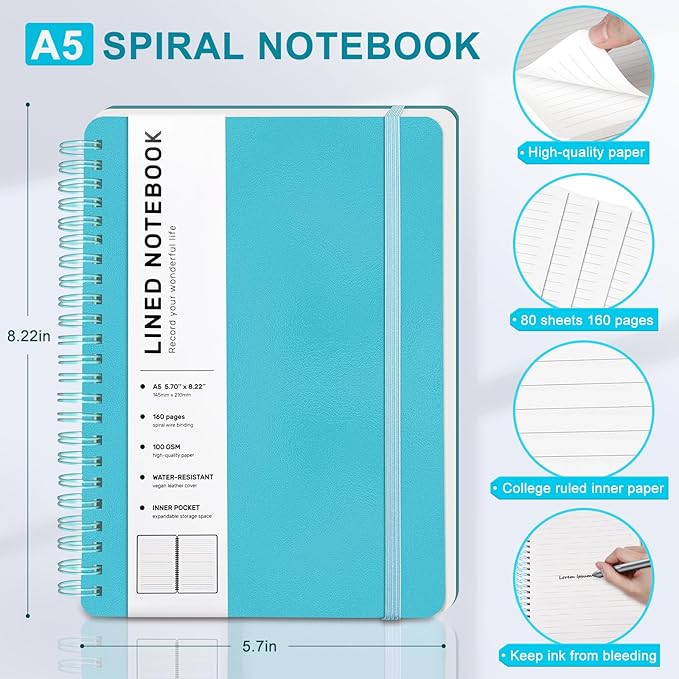 Lined Spiral Journal Notebook, A5 Hardcover Leather Notebook for Work, 5.7''×8.2'', 100GSM Thick Paper Spiral Bound Journaling Notebooks for Women & Men Office School Note Taking Business, Sky Blue