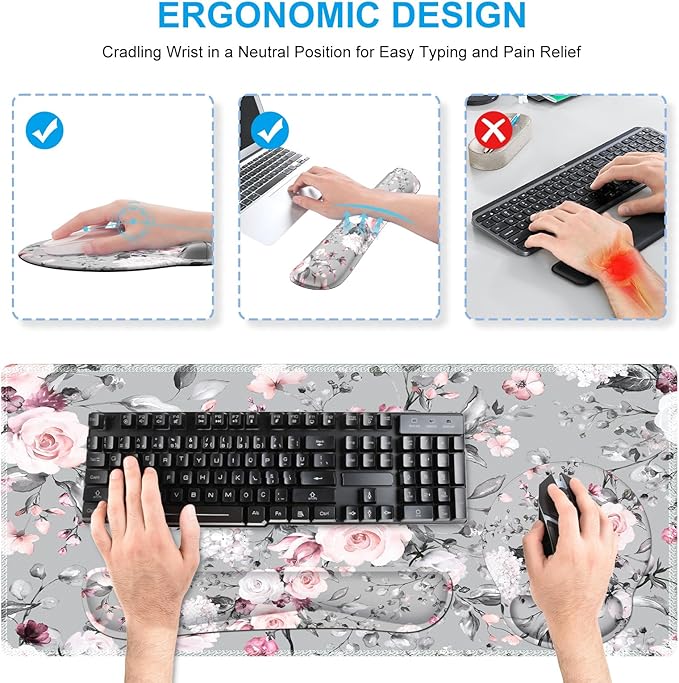 iCasso Large Mouse Pad Wrist Support Set, 4in1 XXL Big Mousepad + Keyboard Wrist Rest + Mouse Wrist Rest + Coaster Set with Ergonomic Design Gaming Mat for Home Office Table Computer - Pink Floral