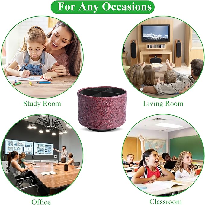 lizimandu Round Leather Art Supply Organizer,Remote Control Holder,360 Degree Spinning,Multi-Functional Pencil Holder,4 Compartments Desktop Stationary Organizer(1-Carved Red)