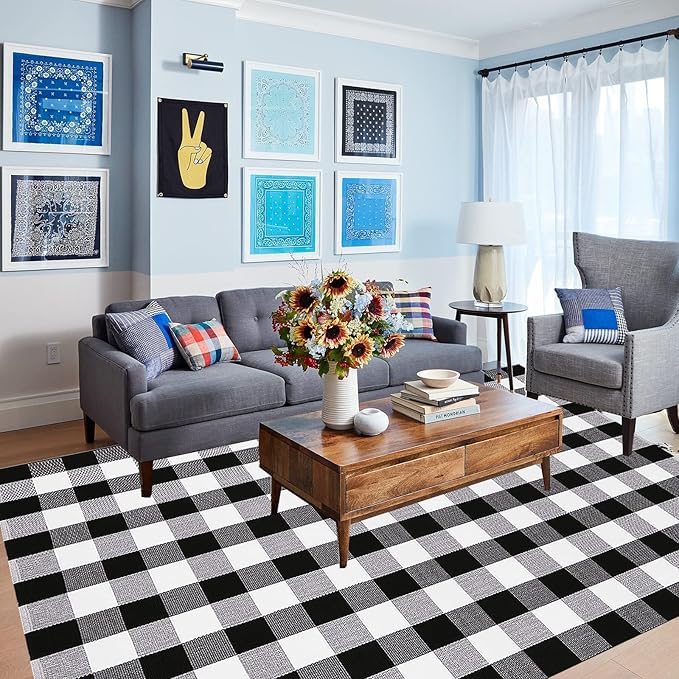 Buffalo Plaid Outdoor Rugs, 5'x7' Black and White Checkered Area Rug, Washable Cotton Woven Indoor/Outdoor Rug for Farmhouse/Patio/Front Porch/Living Room/Laundry Room/Bedroom Décor