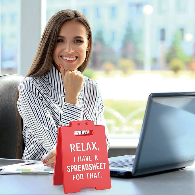 Funny Office Desk Accessories for Work, Christmas White Elephant Gag Gifts for Coworker Colleague Boss Lady, Office Decor for Women Men, Relax I Have A Spreadsheet for That Cubicle Decor Desk Red Sign