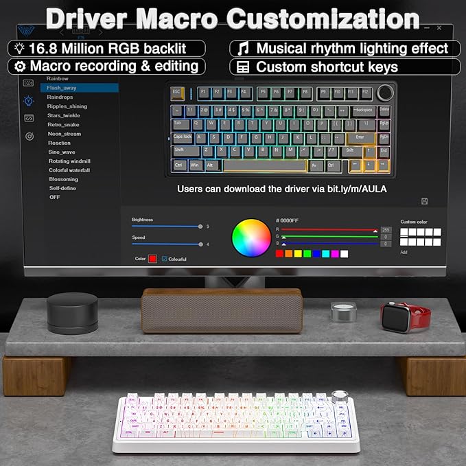 AULA F75 Pro Wireless Mechanical Keyboard with Knob,75% Hot Swappable Custom Gaming Keyboards,RGB Backlit,Pre-lubed Switches,Side Printed PBT Keycaps Creamy Sounding Computer Keyboard, Line White