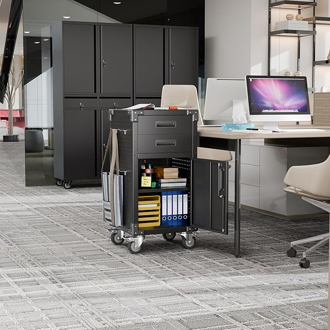 Garage Storage Cabinet, Metal Storage Cabinet with 1 Locking Door and 2 Drawers, Heavy Duty Rolling Workbench Table with Wheels and Pegboards for Garage, Office and Tool Room