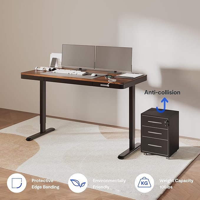 FLEXISPOT Comhar 55" Electric Standing Desk with Drawers, Quick Assembly Home Office Sit Stand Desk with Storage & USB Charging, Computer Workstation for Home Office (55" Wood, Dark Walnut/Black)