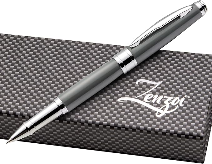 ZenZoi Elegant Pen – Grey Executive Rollerball Pen. Smooth Writing Fine Point Roller Gel Ink. Fancy, Luxury Pen for Men or Women. Quality, Business, High End Pen Gift Set
