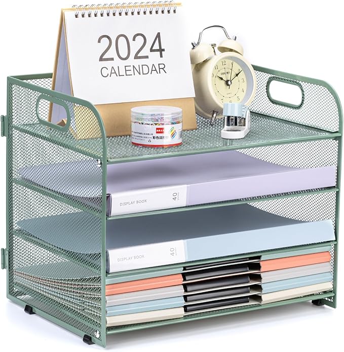 Green Mesh Letter Tray Paper Organizer with Handle - 4-Tier Desk Organizer for Office Supplies
