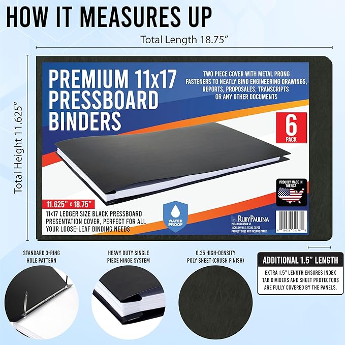 Premium 11x17 Pressboard Binder with High-Density Polyethylene - 3" Capacity, Crush Finish Exterior, Made in USA, Black - Pack of 6