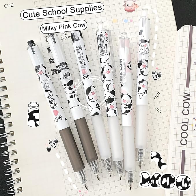 Cute Pens Kawaii 0.5mm Black Ink Gel Pens Fine Point Smooth Writing Ballpoint for Office School Supplies Nice Fun Gifts for Kids Girls Women Pens for Journaling, Pack of 6pcs (Little Milky Cow)