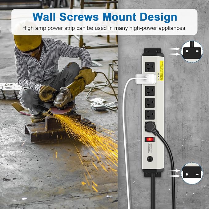 CCCEI 12 Gauge Heavy Duty Power Strip Surge Protector 4800J, 20 Amp 6 Plug Industrial Shop Garage Metal Multiple Outlets, 25 FT Extension Cord 5-15P Adapter High Amp 6-20R T-Slot 20a for Appliance.