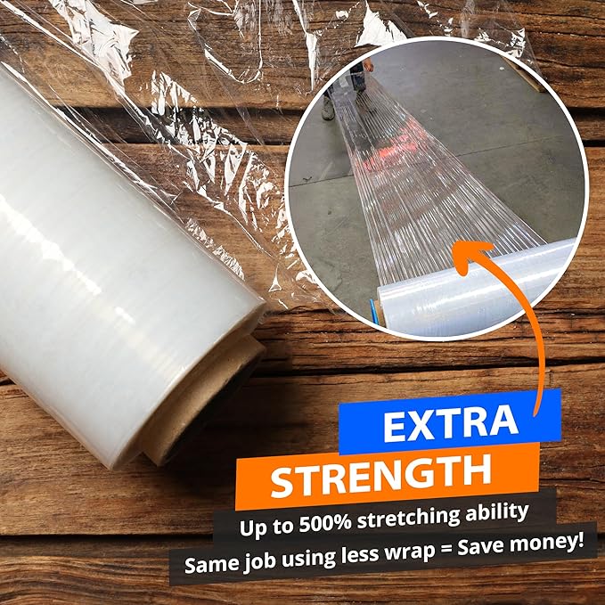4 Rolls x 18" x 1500 FT x 80 Gauge Clear Non-Stretch Heavy Duty Plastic Stretch Wrap Shrink Film | Shipping Packaging Moving Packing Logistics | Thicker Extra Durable Film | Wrap Holder Included