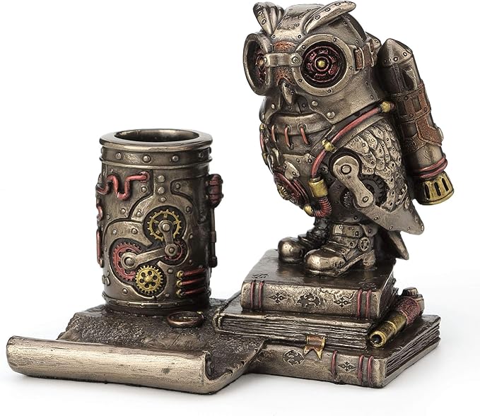 Veronese Design 5 1/4 Inch Steampunk Owl Cell Phone Holder Pen Holder Resin Sculpture Bronze Finish Statue Desk Stand Home Decor Aviation Bird Animal Gift