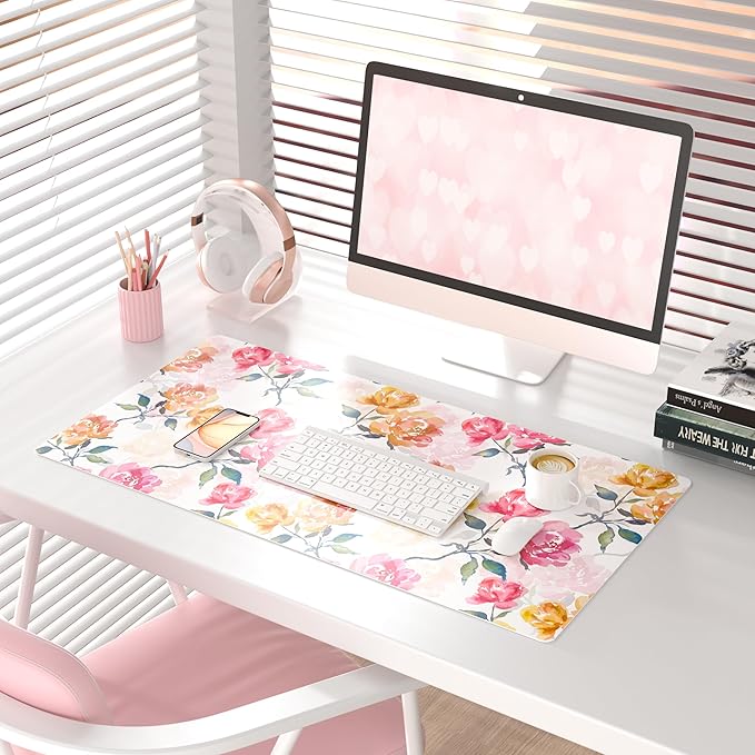 QIYI Floral Mouse Pad, Watercolor Flowers Desk Mat for Desktop, Women Girls Office Décor Accessories, PU Leather Waterproof Gaming Mousepad, Pink Yellow Peonies Desk Pad Computer Mat, 31.5" x 15.7"